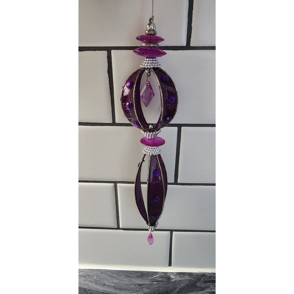 Large 9" Purple Glitter Plastic Drop Christmas Ornament Jewel Rhinestone Icicle